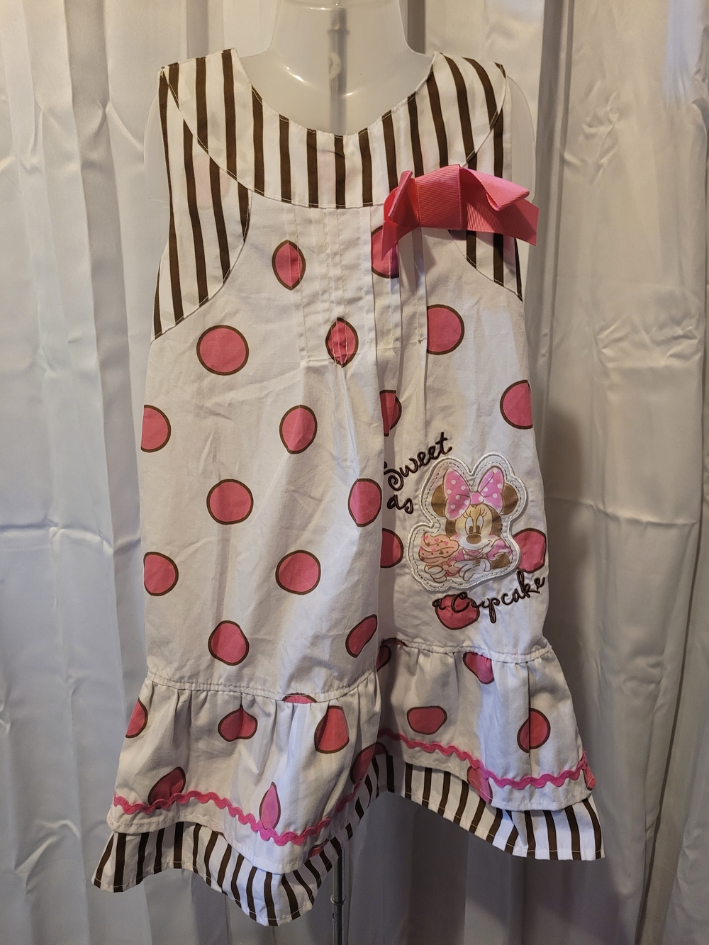 Disney White Dress with Pink Polka Dots and Brown Stripes